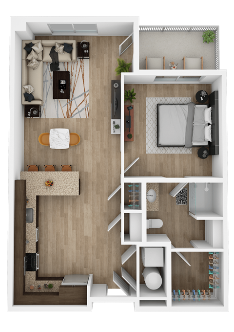 Floor plan for 1 bed, 1 bath, 857 sqft